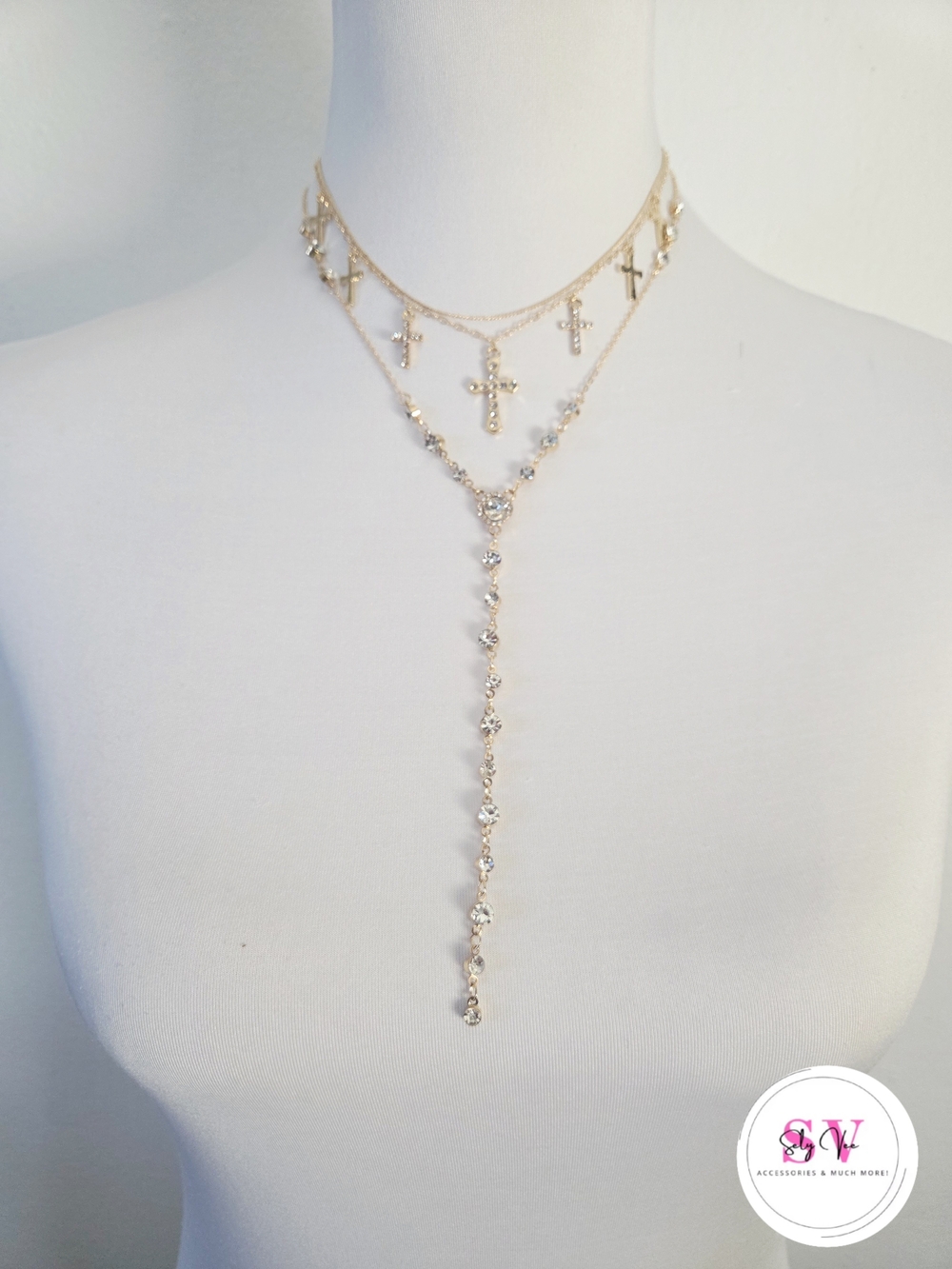 Gold Layered Cross Lariat Necklace